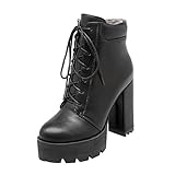  COOLULU Damen High Heels Plateau Stiefeletten Blockabsatz mit Schnürung Ankle Boots Elegant Schuhe (Schwarz,39)