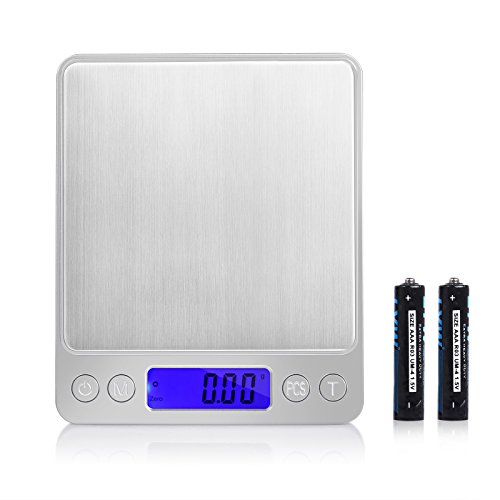 Proster Digitale Taschenwaage 0.01- 500g Elektronische multifunktionale Küchenwaage Briefwaage Feinwaage mit LCD Display mit Hintergrundbeleuchtung und zwei Transparenten Tabletts - 5