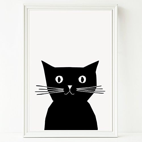 Cat Print - Cute Black and White Illustrated Cat Artwork for Nursery or Kids Room. Monochrome Baby Animal Art Print. Baby Gift, New Baby or Baby Shower Present.