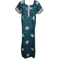 Mogul Interior Women's Cotton Nightgown Maxi Dress Blue Printed Caftan House Dress L