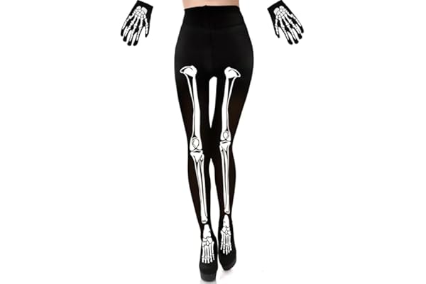 Collants Squelette et Gant Squelette, Bas de squelettes d'Halloween, Collants Squelettes d'horreur,Collant Déguisés en Halloween, Accessoires de Costumes pour Halloween, Carnaval, Fête à thème (A)