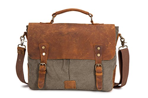 DoubleMay Herren Vintage Canvas Leder Aktentasche Messenger Bag Umhängetasche ideal für Studium Büro oder Freizeit Outdoor 37 x 10 x 27 cm (Grau)