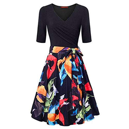 Ladies Dress, Women's Short Sleeve V Neck Dresses Vintage Elegant Flared Dress Dark Blue
