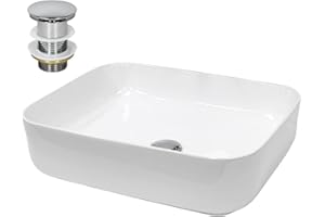 ECD Germany Lavabo Cerámico Rectangular con Agujero Conexión Estandar - Blanco - Lavamanos sobre Encimera - 505x395x135 mm - Diseño Moderno - Fregadero con Juego de Desagüe Realza Cada Baño o Aseo