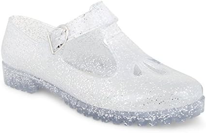 Womens Ladies Flat Cut Out Mary Jane T-Bar Geek Pumps Jelly Jellies Shoes Size, Silver Glitter UK 4