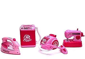 TULLY Household Utility Toy Set for Kids Working Household appliances Set Washing Machine, Iron, Sewing Machine,Vacuum Cleaner with Light & Sound for Girls-Pink