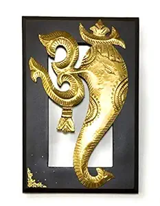 Aalokik Art Handcrafted Om Ganesha Wall Art, Made of Brass Metal Cladding with Carved Wood (15.5 x 10.5 Inch, Gold)
