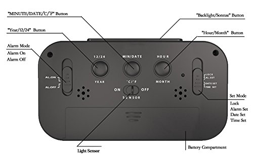 Bosdontek Smart LED-Digital-Wecker Snooze 5 Minuten, bald aufhören Alarmknöpfe, mit Datum, Temperatur-Sensor-Licht (schwarz) - 3