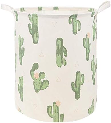 Prosperveil Foldable Round Storage Basket Bin Box with Handle Cotton Linen Clothes Laundry Basket Books Kids Toys Crafts Storage Organizer 50 x 40 cm (Green Cactus)