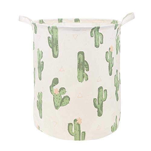 Prosperveil Foldable Round Storage Basket Bin Box with Handle Cotton Linen Clothes Laundry Basket Books Kids Toys Crafts Storage Organizer 50 x 40 cm (Green Cactus)