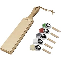 Strop d'affûtage en cuir BACHER Premium. Manche en bois dur recouvert de cuir de Russie recouvert d'écorce de 3mm d'épaisseur. Comprend un kit de 4 éléments d'affûtage.