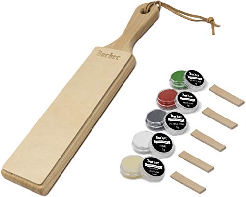 Strop d'affûtage en cuir BACHER Premium. Manche en bois dur recouvert de cuir de Russie recouvert d'écorce de 3mm d'épaisseur. Comprend un kit de 4 éléments d'affûtage.