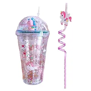 UNIQUE COLLECTION Unicorn Transparent Glitter Sipper Water Bottle , Mason Jar , Glass Tumbler with Straw and Toy on Top | Printed and Colorful | 500 ml
