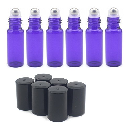 YOOHO 5ML Amber Glass Roller Bottles-Pack of 6 Roll Bottle With Stainless Steel Ball for Essential Oil,Aromatherapy,Perfumes and Lip Balms Best Xmas Gift (Blue)