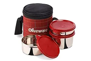 Oliveware Bliss Lunch Box | Stainless Steel Containers | Ideal for Office Use | Insulated Fabric Bag | Leak Proof | Full Meal & Easy to Carry (Red)