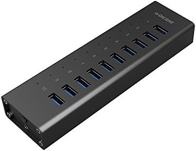 QICENT 10 Port USB 3.0 Hub Support BC 1.2 Fast Charging With 12V Power Adapter For Mac, PC, USB Flash Drives and Other Devices Aluminum Body