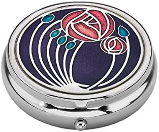 Large Pill Box - 3 Compartment - RENNIE MACKINTOSH Roses Design - Enamelled Pewterware - Pink / Aqua on Purple - 5cm