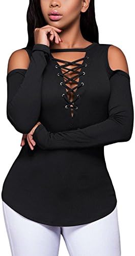 Women Blouse Slim Fitted Tops with Lace-Up Long Sleeve Tee Shirt Black XL