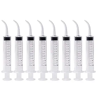 Dental Irrigation Syringe with Curved Tip - 8 Pack Disposable 12cc Tonsil Stone Squirt Mouthwash Cleaner, Pet Feeding Syringe for Birds Dogs (with Measurement)