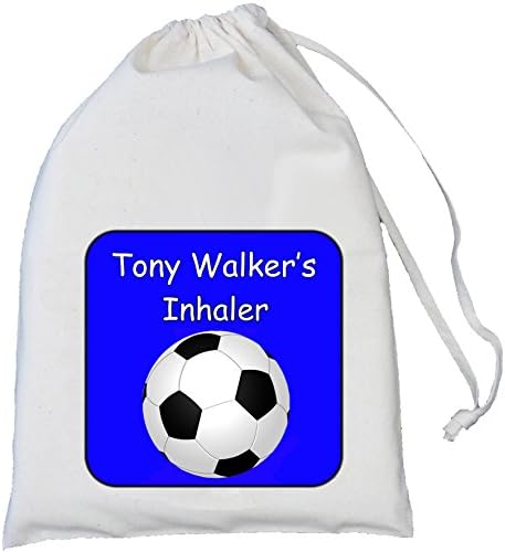 Personalised - Inhaler & Spacer Bag - Blue Football Design - 25x35cm Natural Cotton Drawstring Bag - EMPTY …