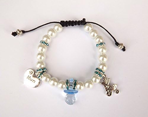 Handmade new mum/mum to be 3 charm (Mum heart, Dummy, Pram) beaded bracelet on thin waxed cotton cord. Boy or girl designs, also adapted for twins or triplets (Boy)