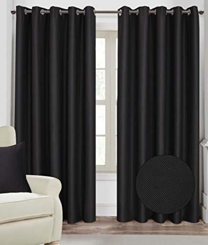 Homescapes Black Eyelet Ring Top Blackout Thermal Curtains Pair Width 45 x 54 Inch Drop Herringbone Chevron Textured Retro Geometric Design. FREE SWATCHES.