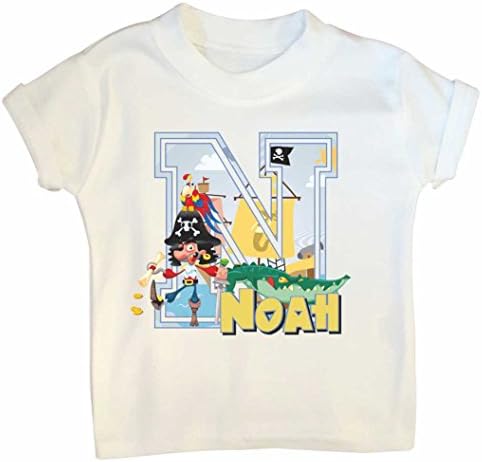 Boys personalised T shirt - Pirates | 1st 2nd 3rd 4th 5th birthday T shirts | Choose "Name &amp; Initial" or "Name &amp; Number" | Mint Doodles | + Free Matching Bag - Age 4-5