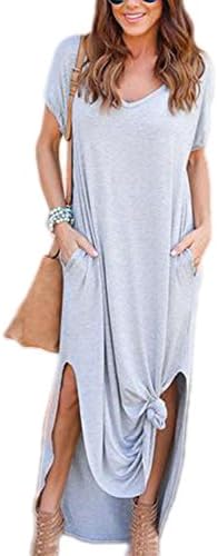 Zamtapary Women Casual Short Sleeve V Neck Side Slit Loose Solid Pocket Maxi Dress Grey XL