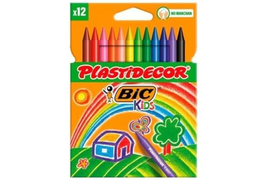 BIC Kids Plastidecor - Ceras para colorear, antimanchas para actividades creativas en casa y el colegio, Blíster de 12 Unidad