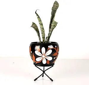 HINS Black Flower Print 7 Inch Polka Metal Round Shape Flower Plant Pot With Stand Metal Pots For Indoor Plants I Elevated Garden Planter I Raised Planter I Desk Plant I Raised Planter Box I Ascent Homes Metal Planter I Raised Planter Box With Legs I Brass Pots For Indoor Plants I Golden Planter I Mid Century Plant Stand I Brass Planters For Indoor Plants I Indoor Plant Stand For Living Room I Metal Planters Pot For Indoor Plants designer pots for indoor plants