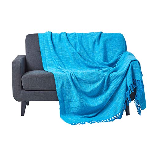 Homescapes Teal Blue Throw 100% Cotton Bedspread with Fringe 150 x 200 cm Bed or Sofa Blanket