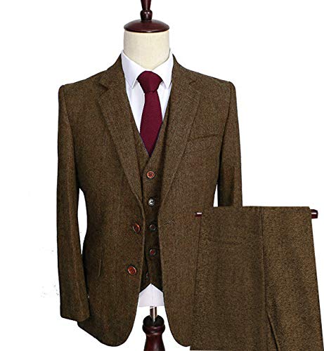Men's Suit Wool Tweed 3 Pieces Formal Lapel Notch Tuxedos Blazer Slim Fit (Blazer+Vest+Pants)