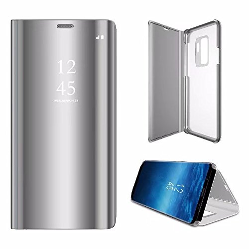 Sycode Luxury Screen Protect Silver Slim Fit Clear Standing View Mirror Wallet Case Cover for Samsung Galaxy S9 Plus-Silver Mirror