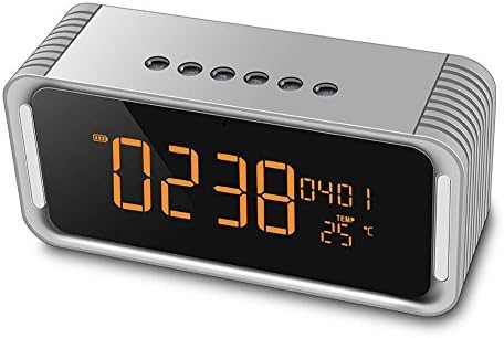 Bzng Alarm Clock Wireless Bluetooth Speaker FM Radio with LED Display Handsfree Calling Micro TF SD Card & USB & AUX-In Play, Silver