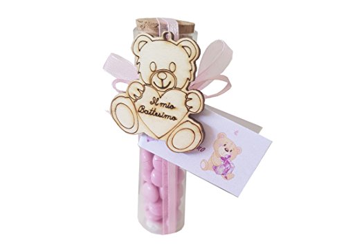 chance 24 PROVETTE Porta Confetti 11,5 + NEMBO + 24 Decorazioni Legno Orsetto + NASTRINO + BIGL (Rosa)