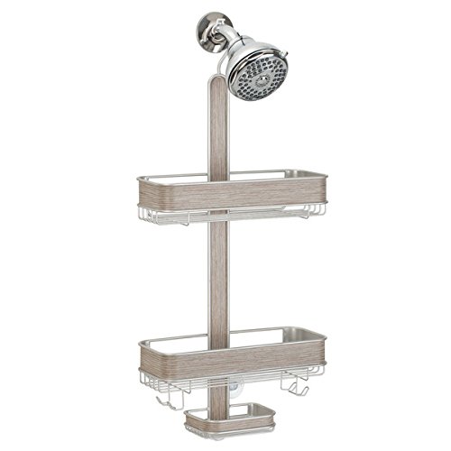 mDesign Hängeregal für die Dusche – Duschregal ohne Bohren – einfach einhängen – Duschkorb mit Ablagen und Haken für Shampoo, Conditioner, Seife etc. – satiniert/graues Holz - 3