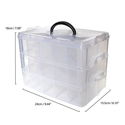 Kurtzy 3-stöckige Aufbewahrungsbox aus durchsichtigem Kunststoff, stapelbar – für die Organisation von Nähfäden, Spulen, Perlen, Beautyzubehör, Nagellack, Schmuck, Kunst- & Handwerkzubehör – 30 Fächer - 2