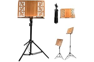 HENGZHONGRIYONG Pupitre de partitions en Bois - Pupitre de Musique Portable - Hauteur et Angle réglables/Pliables/Style rétro/Couleur Naturelle/Conception Rabattable à 300°/Double Usage Amovible, pour la Performance
