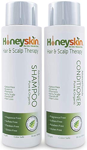 Dry Scalp Treatment Shampoo Conditioner Set for Eczema, Psoriasis, Seborrhea, Dandruff, Itchy Scalp - Natural Organic Ingredients of Manuka Honey & Aloe Vera (16 oz) by Honeyskin Organics