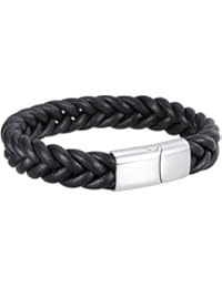 LDUDU® Pulsera hombre cuero trenzada de acero inoxidable antialérgico Brazalete de hombre trenzada color Plateado y negro - regalo para San valentin Cumpleaños
