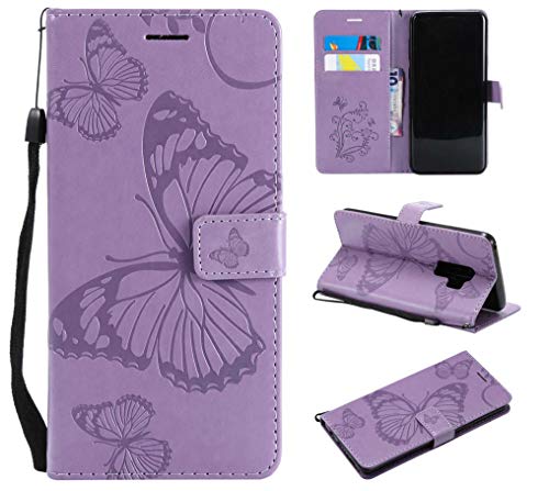 Preisvergleich Produktbild Galaxy S9 Plus Hülle, Conber Lederhülle Handyhülle mit [Kostenlose Schutzfolie], PU Tasche Leder Flip Case Cover Emboss 69D Schmetterling Schutzhülle für SamsungGalaxy S9 Plus - Lila
