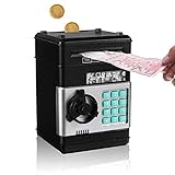 hucha caja fuerte para niños 【Protección de Contraseña de Electrónica】Alta seguridad y fácil operación, ingrese las contraseñas de cuatro dígitos (originalmente 0000), las luces verdes encendidas, luego gire la perilla en el sentido de las agujas del reloj para abrir la puerta. Cuando se abre la puerta, suena alarma que se detiene automáticamente al cerrar.