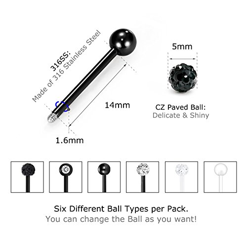 Zolure 14G 12pcs Crystal Ball Nipplerings Nipple Tongue Ring Bar Barbell Body Piercing Jewelry