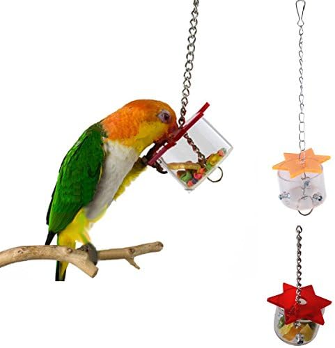 Xumarket(Tm) Bird Feeding Box Toy Parrot Pet Hex Star Acrylic Foraging Feeder Birds Chew On Hanging Cage Swing Toys Random Color