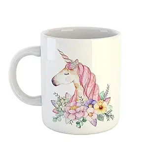 SCPmarts Create Your Desire  Unicorn Head with Flowers Printed Ceramic Coffee Mug for Girls on Birthday, 11Oz, White.
