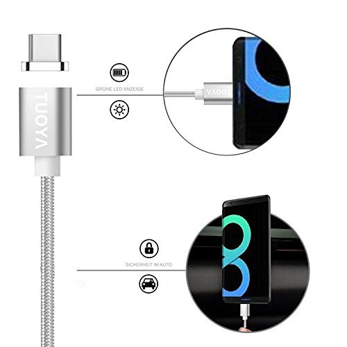 [Die neue Version]Magnet USB C Kabel auf USB 3.0 A- Lebenslange Garantieserie -TUOYA Magnetisches USB-C Ladekabel- Fast Charging-Magnetisches Type C Ladekabel Kabel – Type C Datenkabel Hochwertig mit LED Statusanzeige für Android Smartphones OnePlus 3 Huawai Mate Honor Google Pixel Nexus HTC Xperia Samsung Galaxy Type-C-Geräten (2*Pack Silber) - 3
