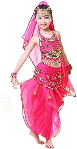 Girls Belly Dance Costume Set Children Indian Dance Outfit Performance Dress Dancewear Costumes (rose, 160cm(height 160cm/63"))