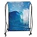Produktbild Drawstring Backpacks Bags,Ocean Decor,Cloudy Summer Sky Wavy Ocean Adventure Surfing Vacation Tourist Attraction Picture Print,Navy White Soft Satin,5 Liter Capacity,Adjustable STR