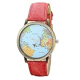 shangjunol M?dchen Runde Analog Weltkarte Dial Armbanduhr casuel Denim Segeltuch-B¨¹gel-Frauen-Quarz-Armbanduhr