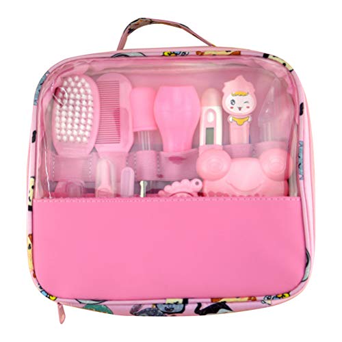 Preisvergleich Produktbild Babypflege Set Gesundheitspflege-Ausrüstung 13 Stück Neugeborenes Pflegeset im Kindergarten Baby-Nagelknipser-Thermometer-Bürste... Mit Tragetasche (Rosa)